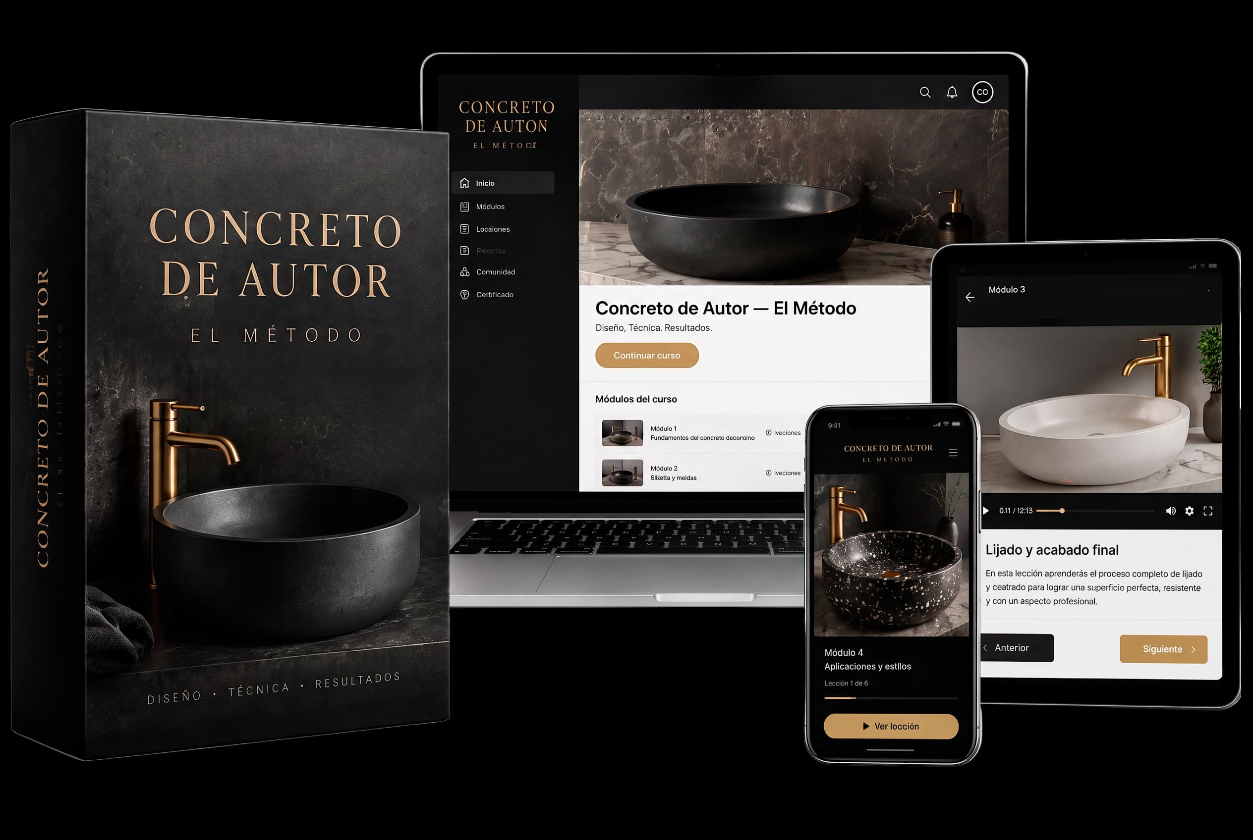 Caixa do Método Concreto de Autor e a área de membros aberta em laptop, tablet e celular